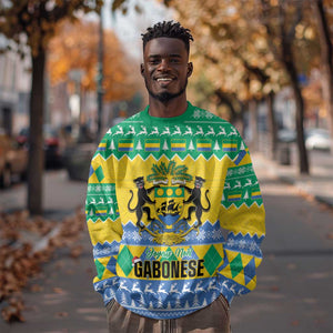 Afro Gabon Christmas Sweatshirt Joyeux Noel Coat Of Arms - African Pattern