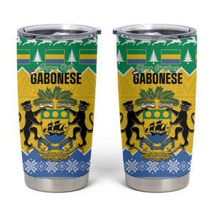 Afro Gabon Christmas Tumbler Cup Joyeux Noel Coat Of Arms - African Pattern