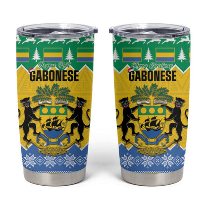 Afro Gabon Christmas Tumbler Cup Joyeux Noel Coat Of Arms - African Pattern