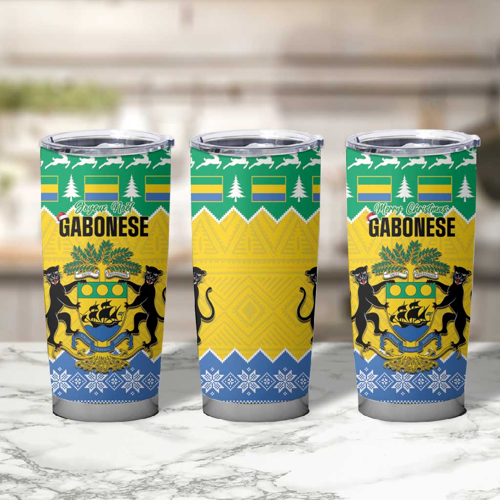 Afro Gabon Christmas Tumbler Cup Joyeux Noel Coat Of Arms - African Pattern