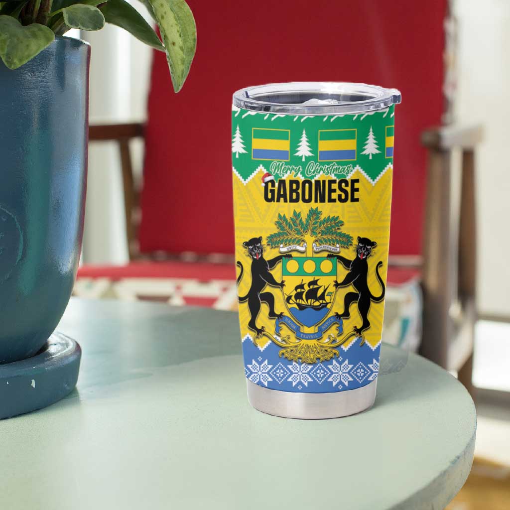 Afro Gabon Christmas Tumbler Cup Joyeux Noel Coat Of Arms - African Pattern
