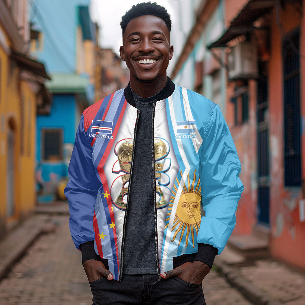 Custom Argentina and Cabo Verde Football 2026 Bomber Jacket La Albiceleste Tubaroes Azuis Together
