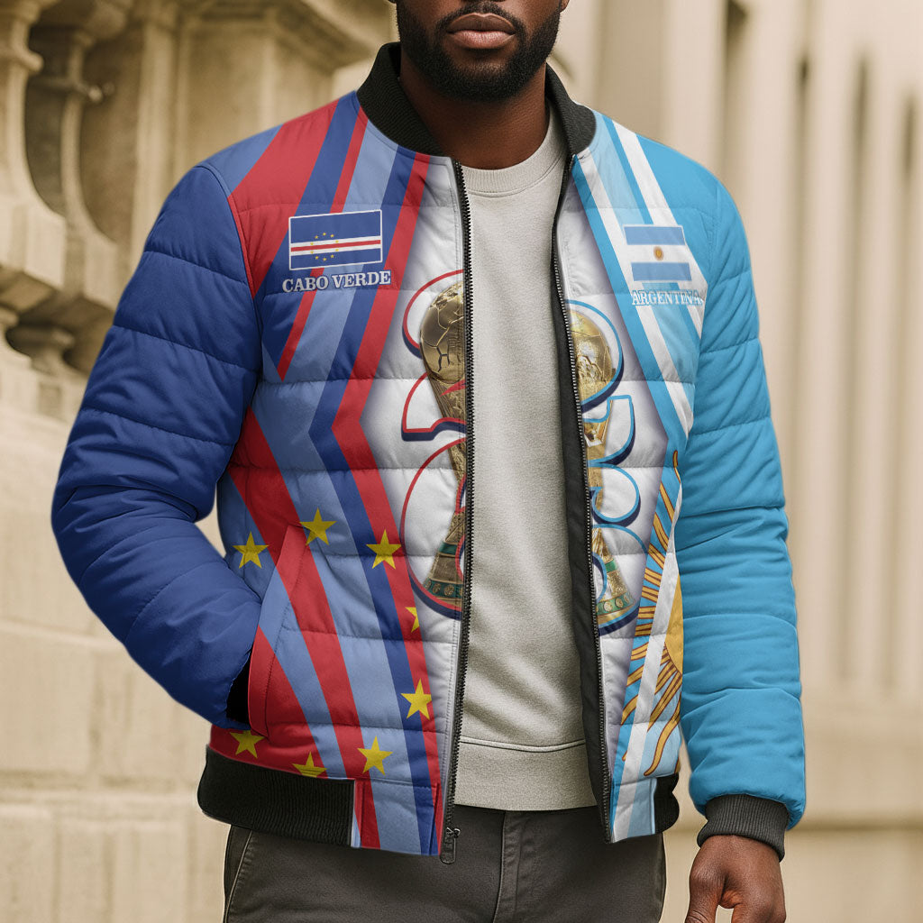 Custom Argentina and Cabo Verde Football 2026 Bomber Puffer Jacket La Albiceleste Tubaroes Azuis Together