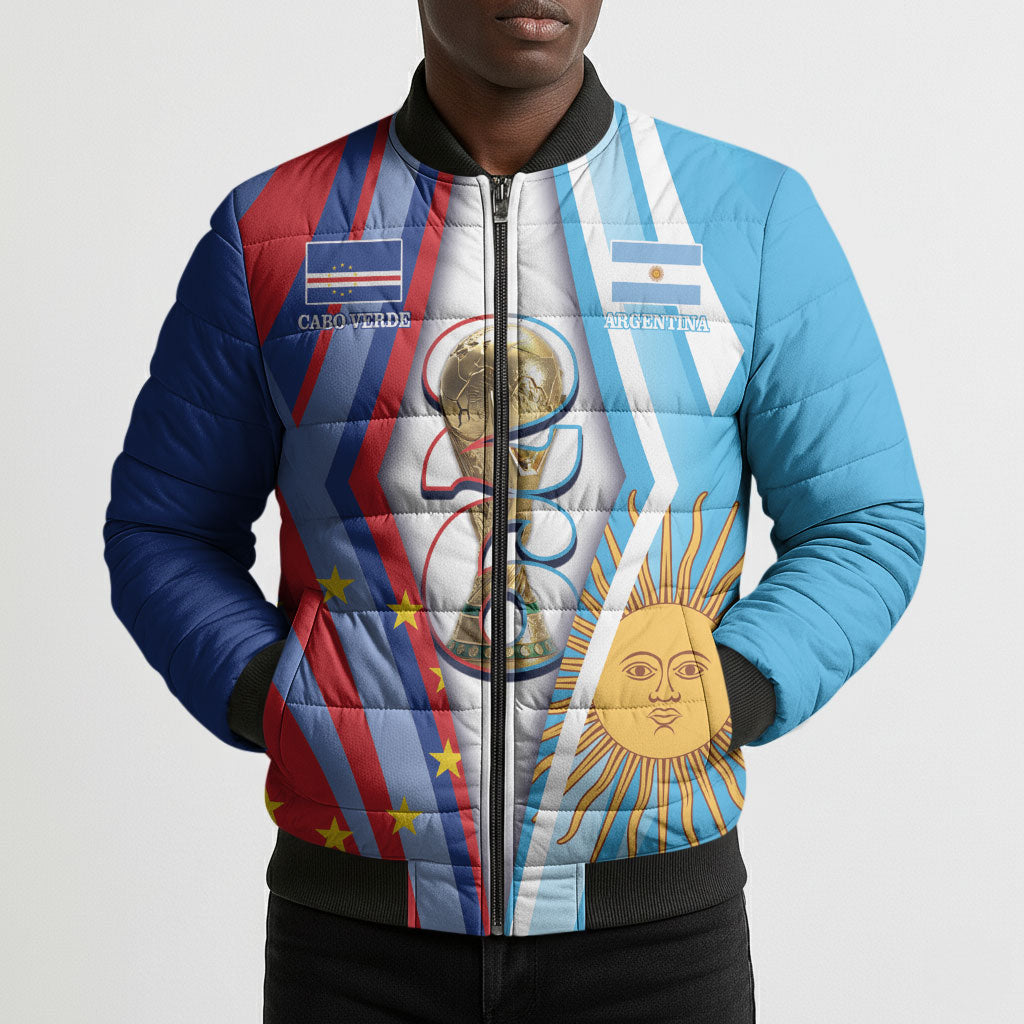 Custom Argentina and Cabo Verde Football 2026 Bomber Puffer Jacket La Albiceleste Tubaroes Azuis Together