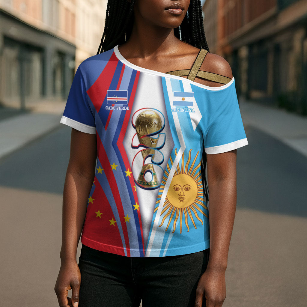 Custom Argentina and Cabo Verde Football 2026 Cross Shoulder Shirt La Albiceleste Tubaroes Azuis Together