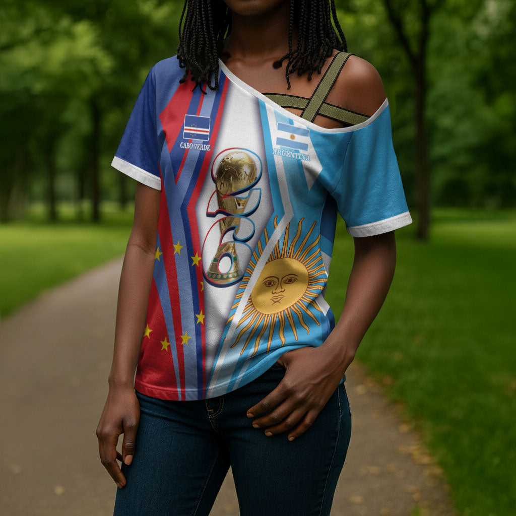 Custom Argentina and Cabo Verde Football 2026 Cross Shoulder Shirt La Albiceleste Tubaroes Azuis Together