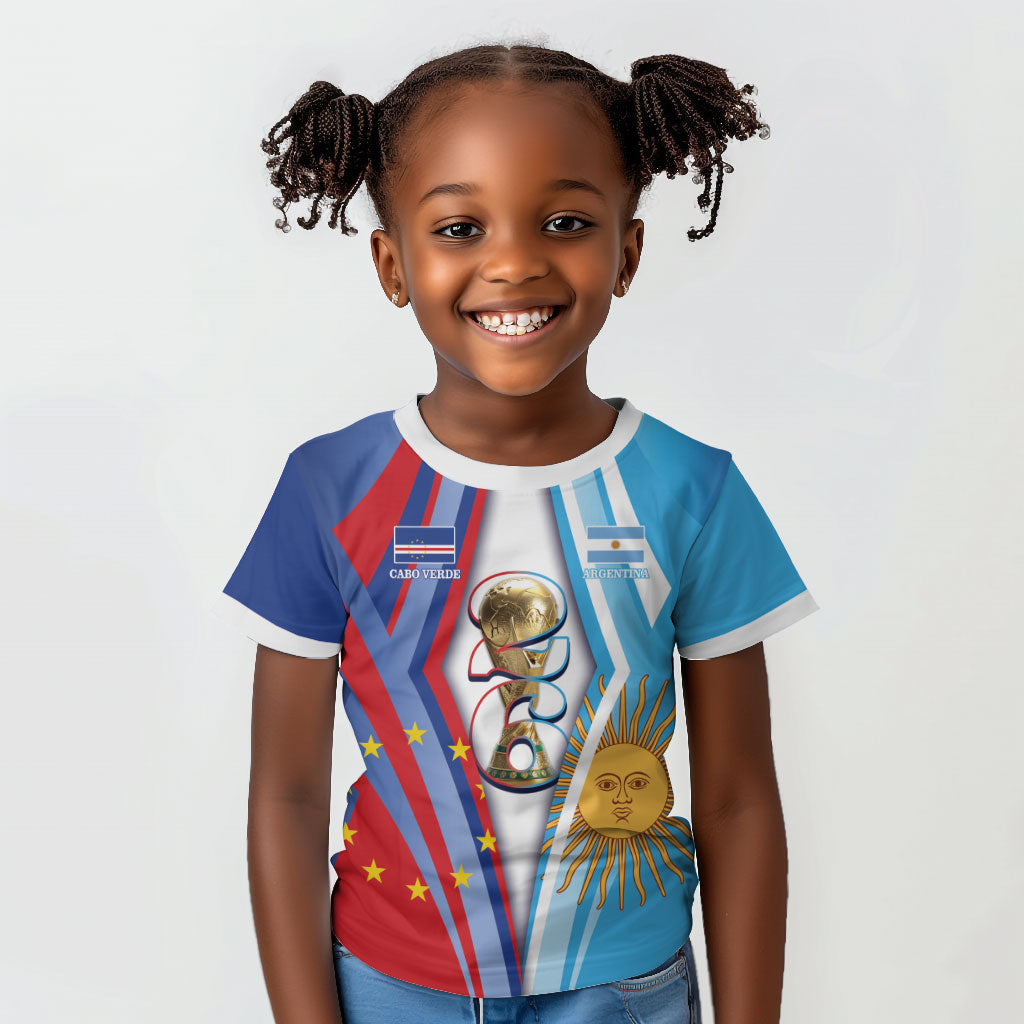 Custom Argentina and Cabo Verde Football 2026 Kid T shirt La Albiceleste Tubaroes Azuis Together