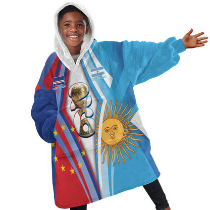 Custom Argentina and Cabo Verde Football 2026 Kid Wearable Blanket Hoodie La Albiceleste Tubaroes Azuis Together
