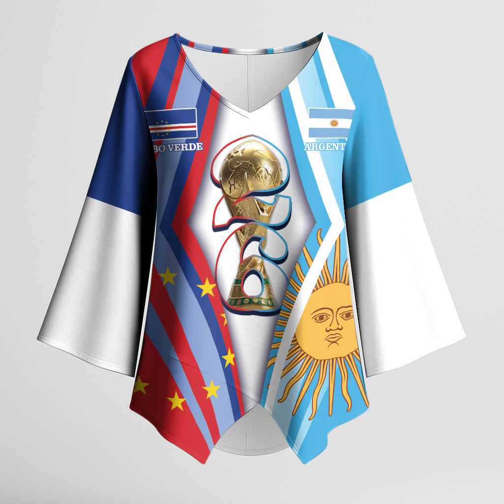 Custom Argentina and Cabo Verde Football 2026 Kimono Sleeve Blouse La Albiceleste Tubaroes Azuis Together