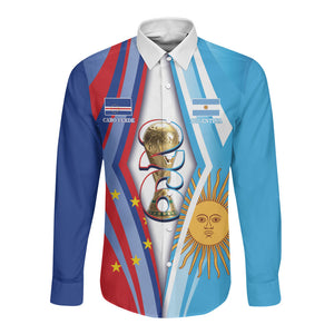 Custom Argentina and Cabo Verde Football 2026 Long Sleeve Button Shirt La Albiceleste Tubaroes Azuis Together