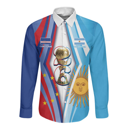 Custom Argentina and Cabo Verde Football 2026 Long Sleeve Button Shirt La Albiceleste Tubaroes Azuis Together