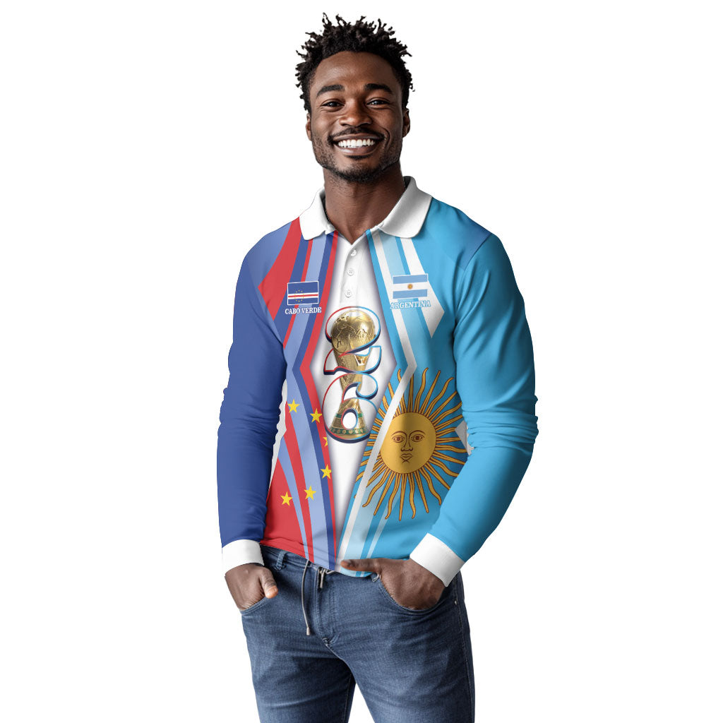 Custom Argentina and Cabo Verde Football 2026 Long Sleeve Polo Shirt La Albiceleste Tubaroes Azuis Together