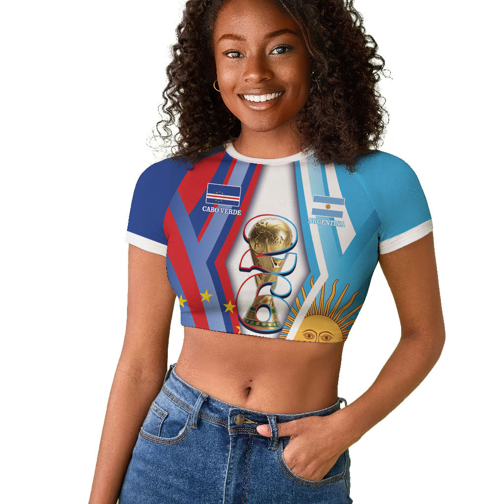 Custom Argentina and Cabo Verde Football 2026 Raglan Cropped T shirt La Albiceleste Tubaroes Azuis Together