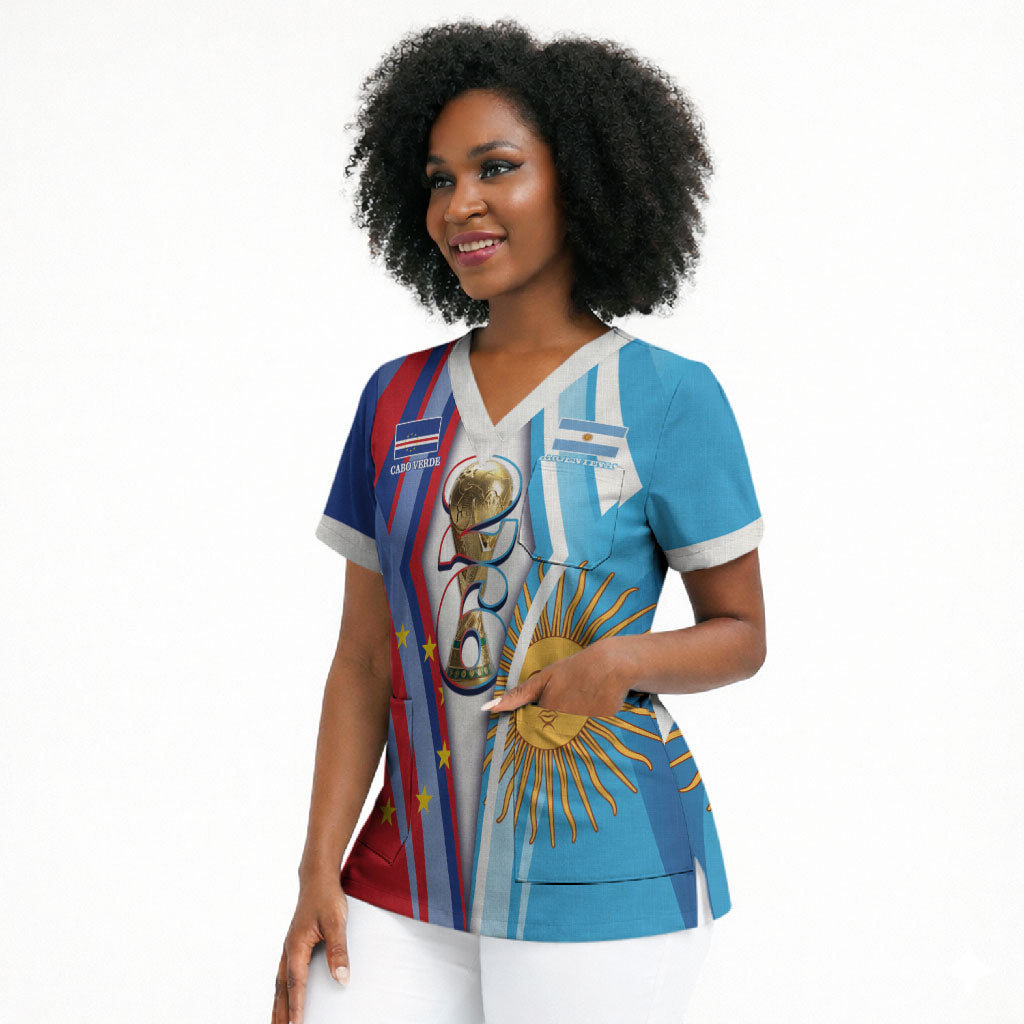 Custom Argentina and Cabo Verde Football 2026 Scrub Top La Albiceleste Tubaroes Azuis Together