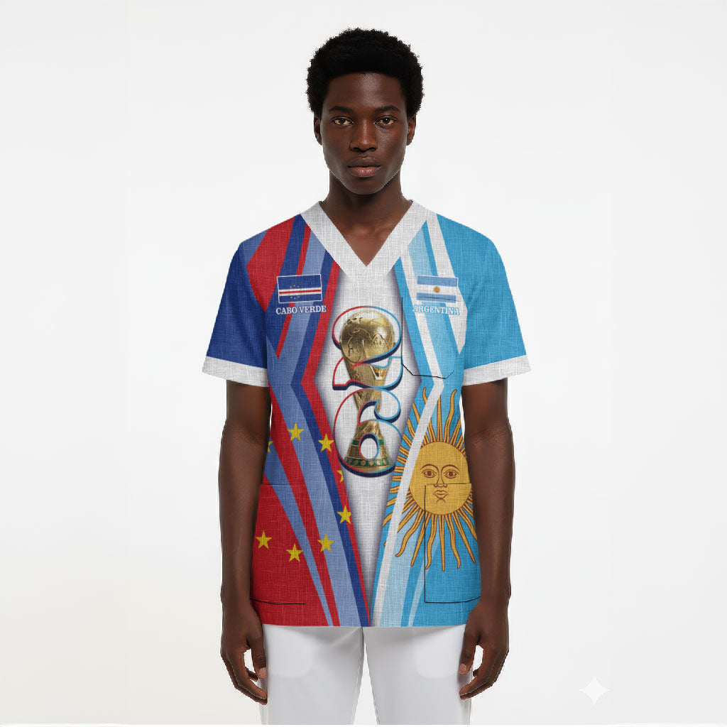 Custom Argentina and Cabo Verde Football 2026 Scrub Top La Albiceleste Tubaroes Azuis Together