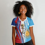 Custom Argentina and Cabo Verde Football 2026 Women V-Neck T-Shirt La Albiceleste Tubaroes Azuis Together
