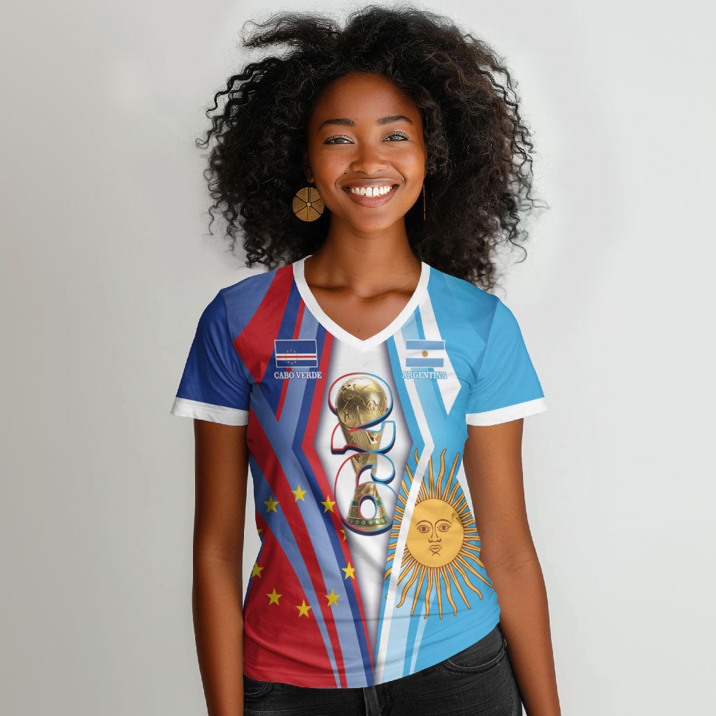 Custom Argentina and Cabo Verde Football 2026 Women V-Neck T-Shirt La Albiceleste Tubaroes Azuis Together