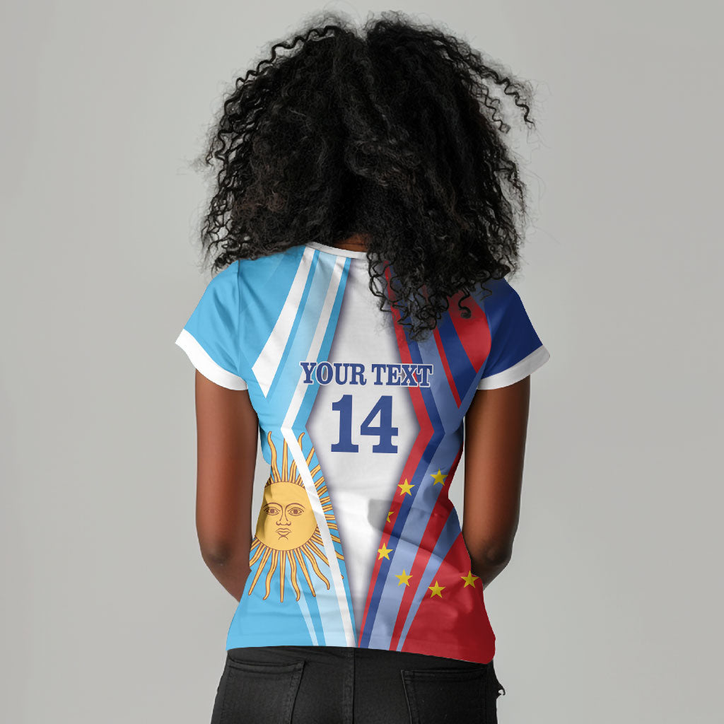 Custom Argentina and Cabo Verde Football 2026 Women V-Neck T-Shirt La Albiceleste Tubaroes Azuis Together
