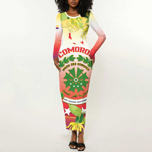 Personalized Comoros Long Sleeve Bodycon Dress Coat Of Arms Mix Ylang Ylang Flower LT14