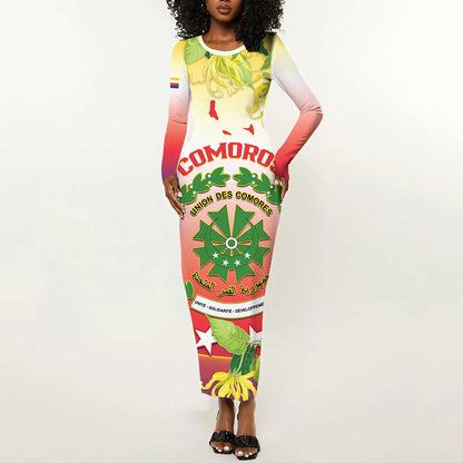 Personalized Comoros Long Sleeve Bodycon Dress Coat Of Arms Mix Ylang Ylang Flower LT14
