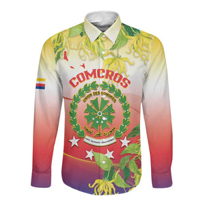 Personalized Comoros Long Sleeve Button Shirt Coat Of Arms Mix Ylang Ylang Flower