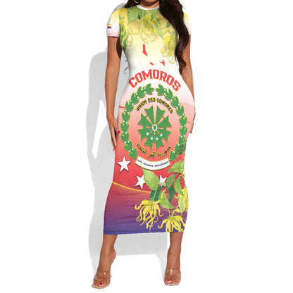 Personalized Comoros Short Sleeve Bodycon Dress Coat Of Arms Mix Ylang Ylang Flower LT14