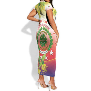 Personalized Comoros Short Sleeve Bodycon Dress Coat Of Arms Mix Ylang Ylang Flower LT14