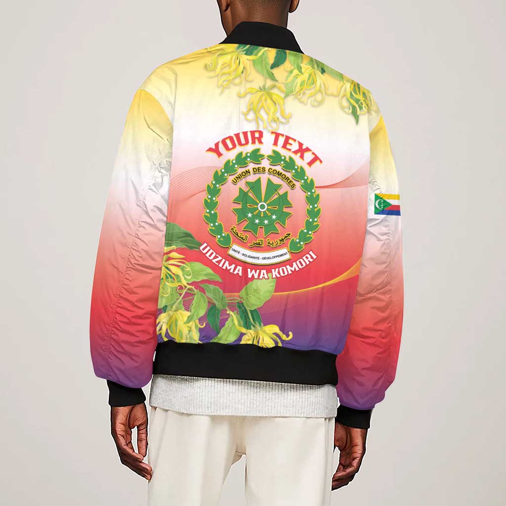 Personalized Comoros Sleeve Zip Bomber Jacket Coat Of Arms Mix Ylang Ylang Flower