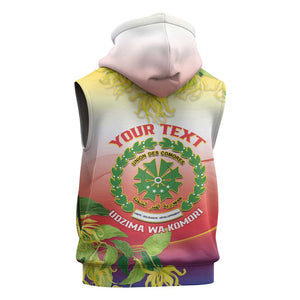 Personalized Comoros Sleeveless Zip Hoodie Coat Of Arms Mix Ylang Ylang Flower - African Pride