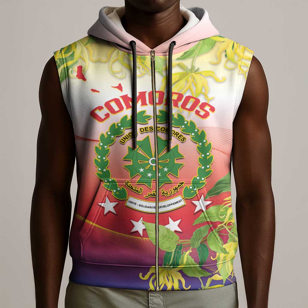 Personalized Comoros Sleeveless Zip Hoodie Coat Of Arms Mix Ylang Ylang Flower - African Pride