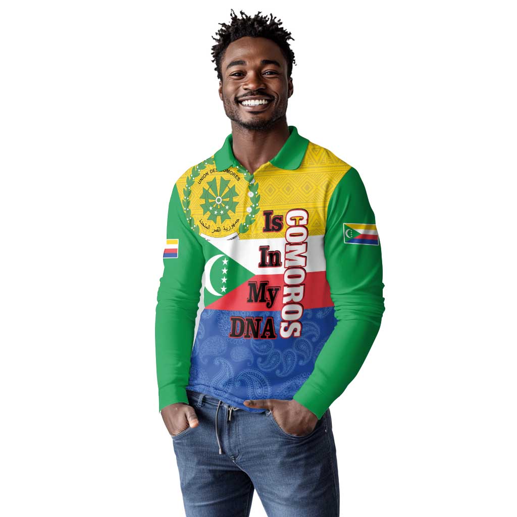 Afro Paisley Udzima wa Komori Long Sleeve Polo Shirt Comoros Is In My DNA