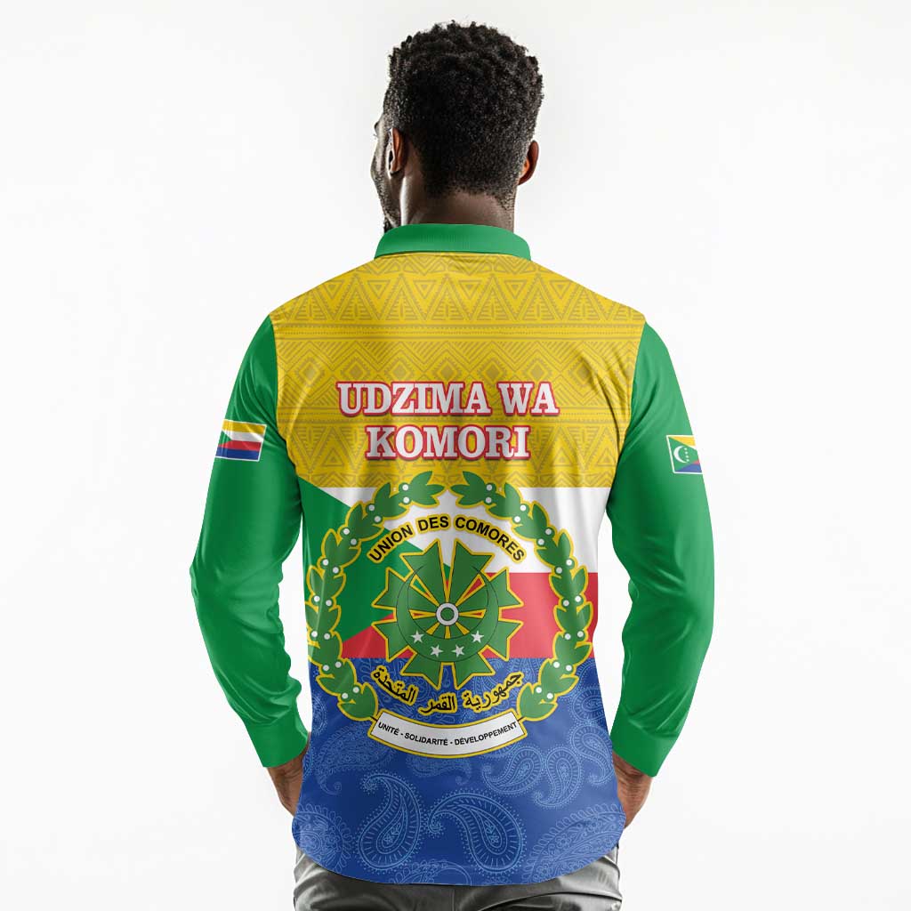 Afro Paisley Udzima wa Komori Long Sleeve Polo Shirt Comoros Is In My DNA