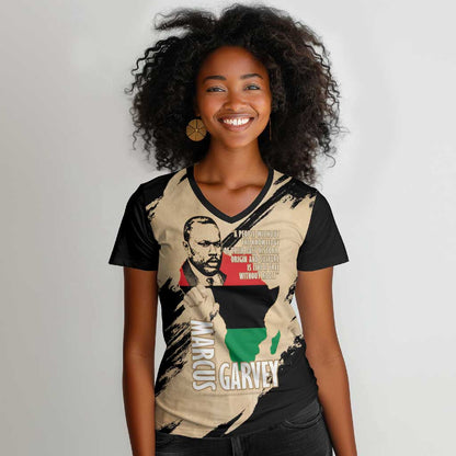 Marcus Garvey Day Women V-Neck T-Shirt UNIA Flag Mix African Map - African Pride