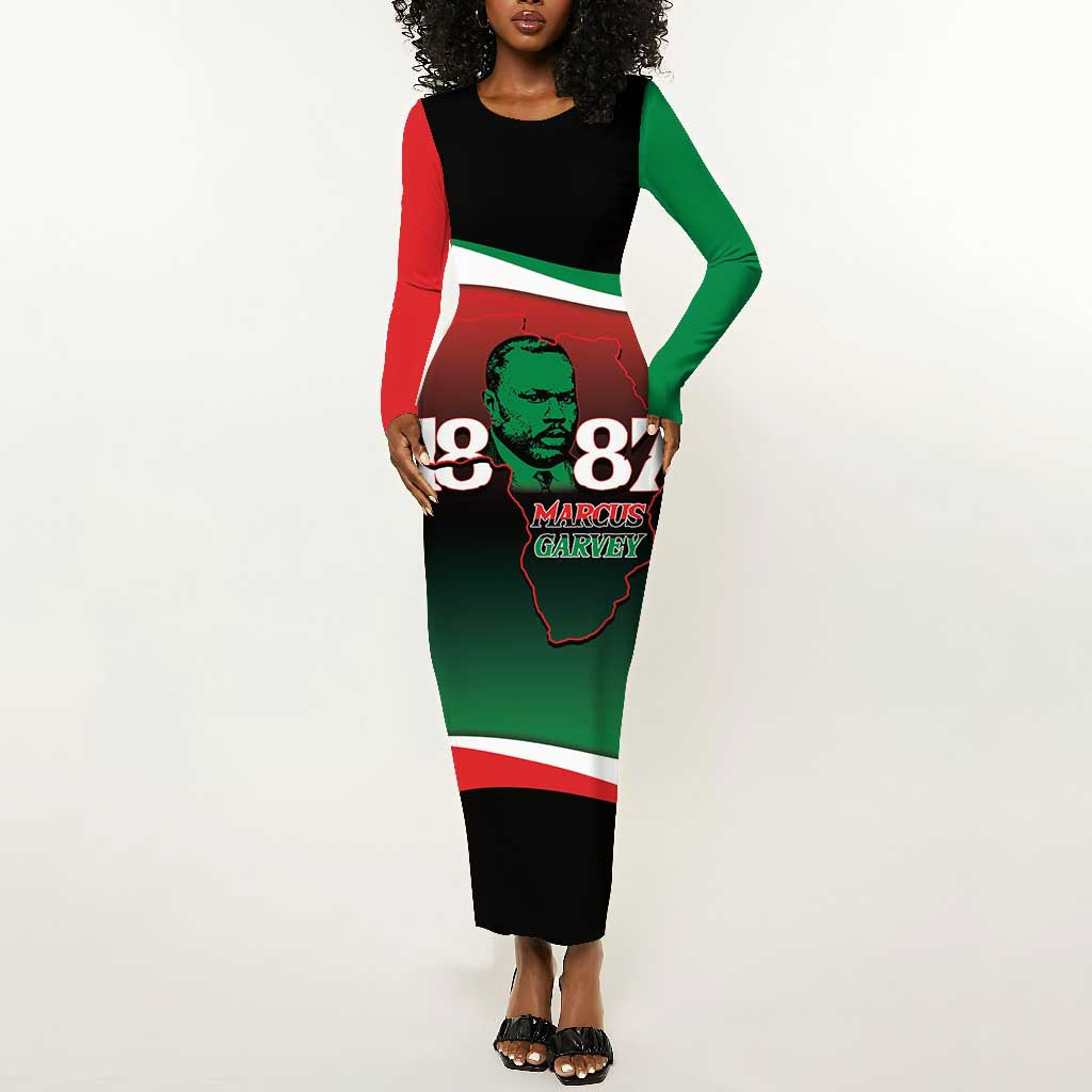 Marcus Garvey 1887 Long Sleeve Bodycon Dress African Map Curves Style - African Pride