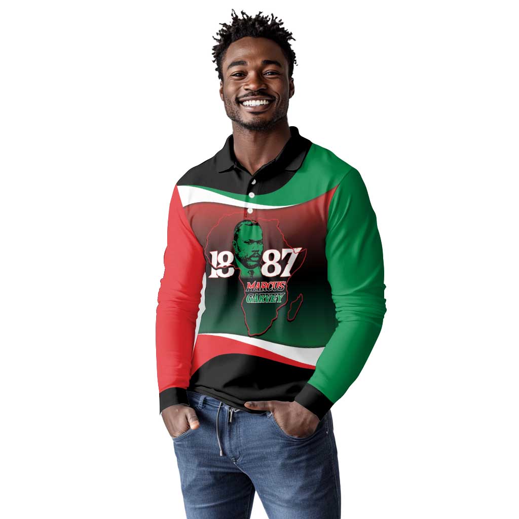 Marcus Garvey 1887 Long Sleeve Polo Shirt African Map Curves Style - African Pride