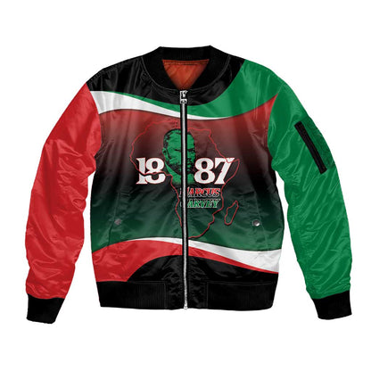 Marcus Garvey 1887 Sleeve Zip Bomber Jacket African Map Curves Style - African Pride