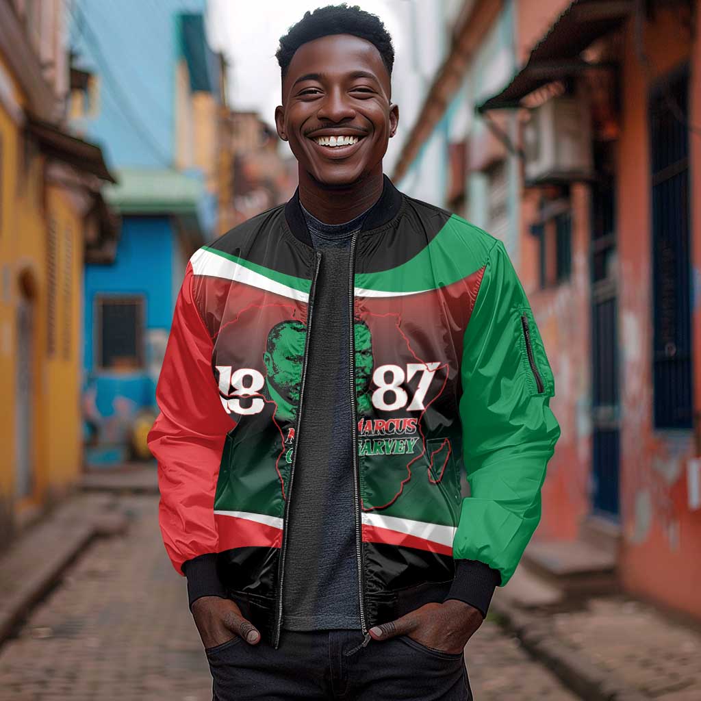 Marcus Garvey 1887 Sleeve Zip Bomber Jacket African Map Curves Style - African Pride