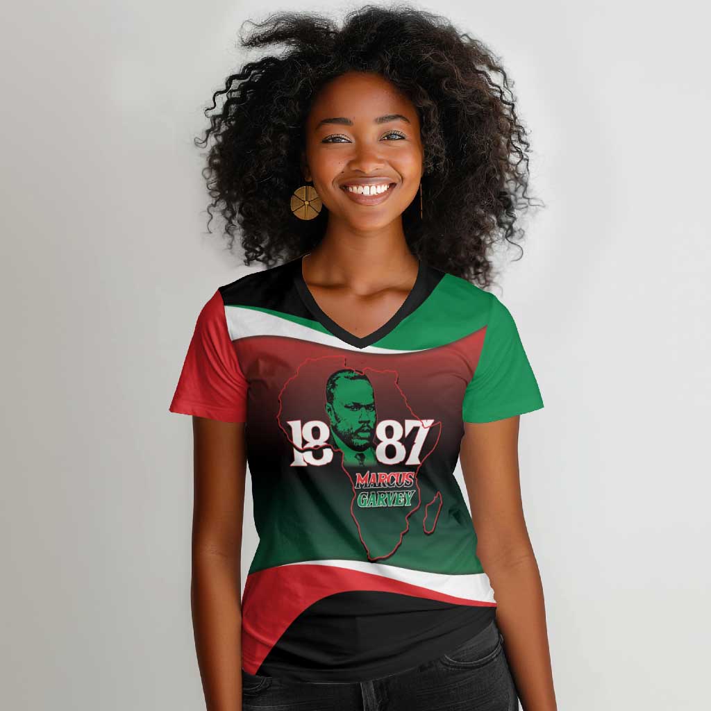 Marcus Garvey 1887 Women V-Neck T-Shirt African Map Curves Style - African Pride
