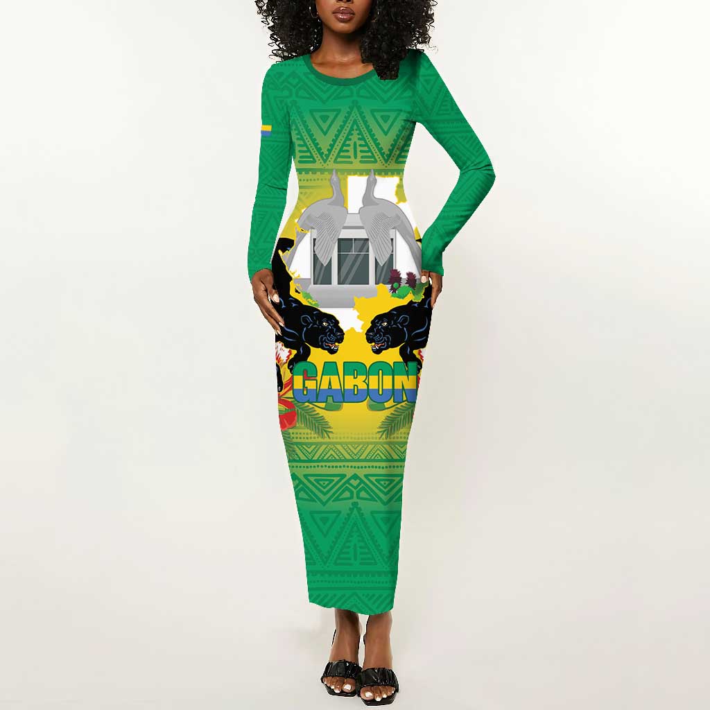 Afro Gabon Independence Day Long Sleeve Bodycon Dress Memorial Leon Mba Monument - African Pride