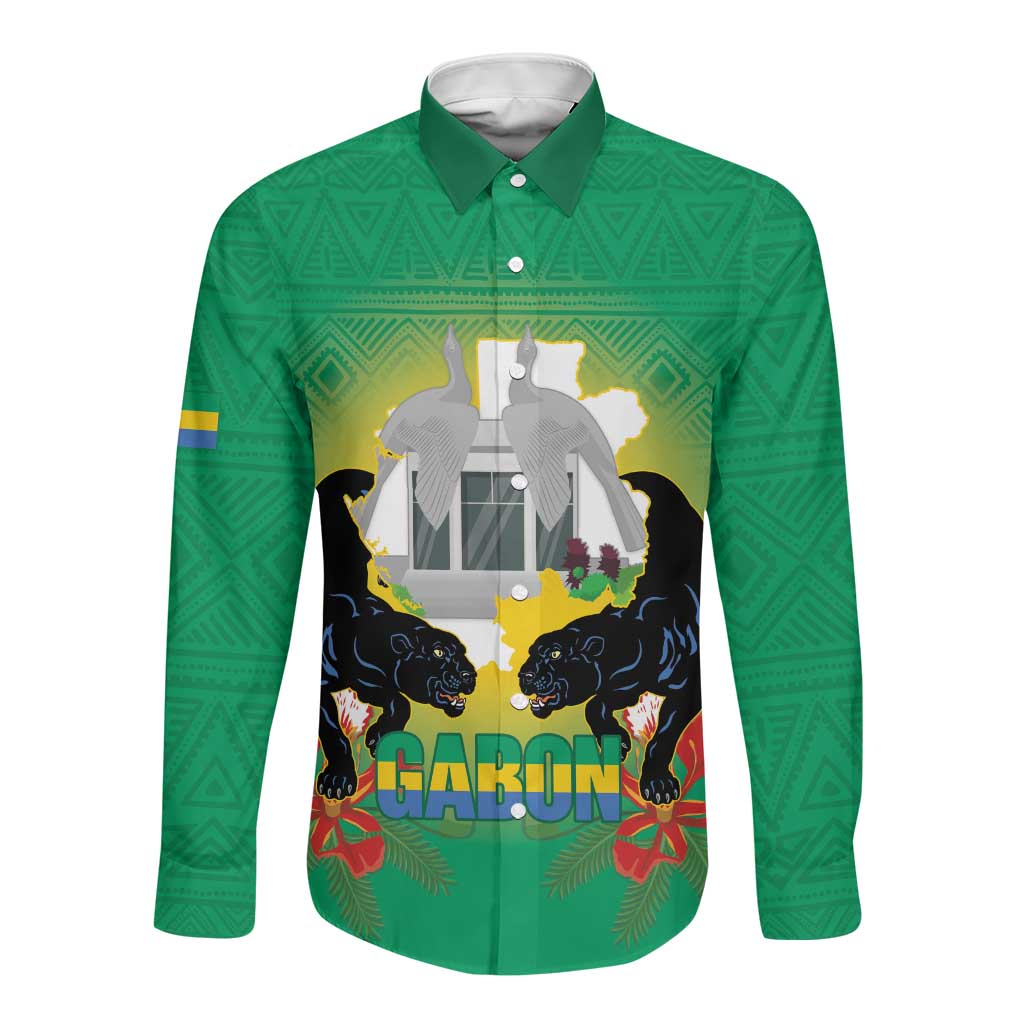 Afro Gabon Independence Day Long Sleeve Button Shirt Memorial Leon Mba Monument - African Pride