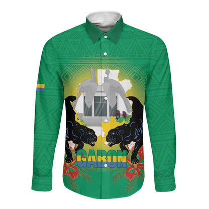 Afro Gabon Independence Day Long Sleeve Button Shirt Memorial Leon Mba Monument - African Pride