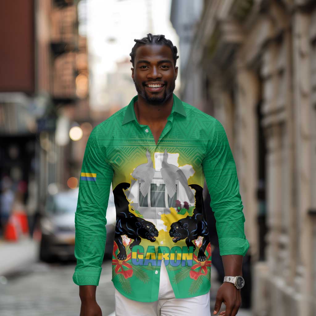 Afro Gabon Independence Day Long Sleeve Button Shirt Memorial Leon Mba Monument - African Pride