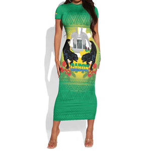 Afro Gabon Independence Day Short Sleeve Bodycon Dress Memorial Leon Mba Monument - African Pride