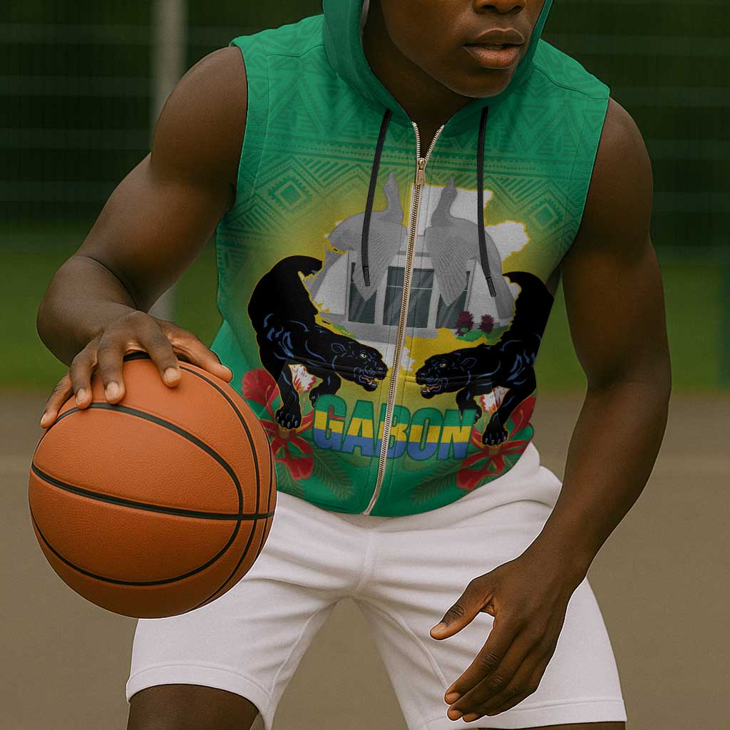 Afro Gabon Independence Day Sleeveless Zip Hoodie Memorial Leon Mba Monument - African Pride