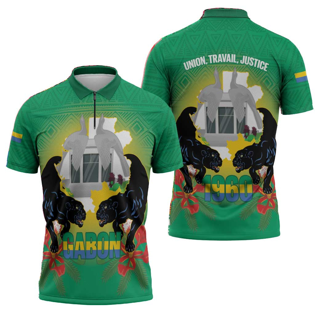 Gabon Independence Day Zipper Polo Shirt Memorial Leon Mba Monument