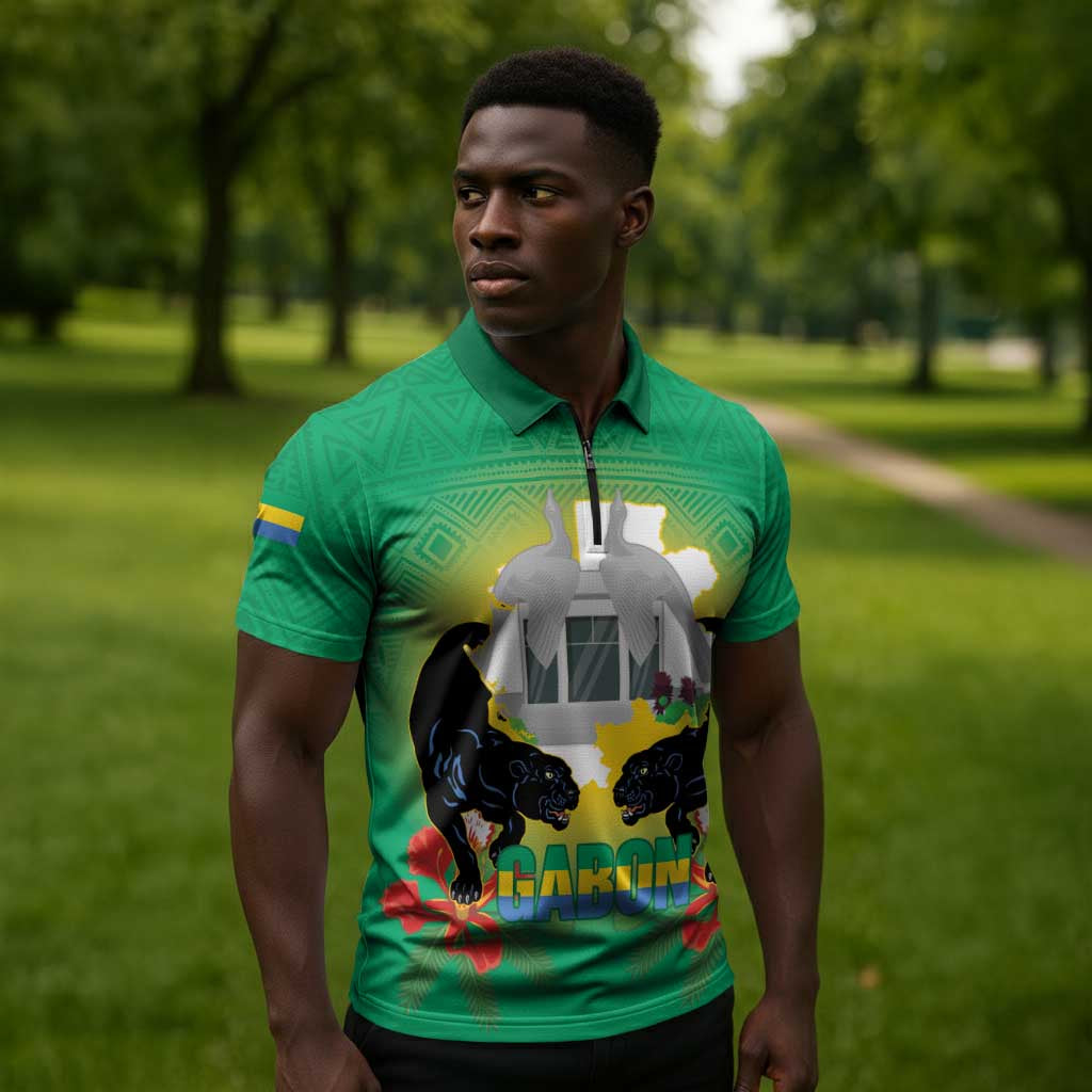 Gabon Independence Day Zipper Polo Shirt Memorial Leon Mba Monument