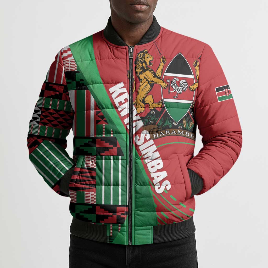 Custom Kenya Cricket Bomber Puffer Jacket Come On Simbas Kente Pattern