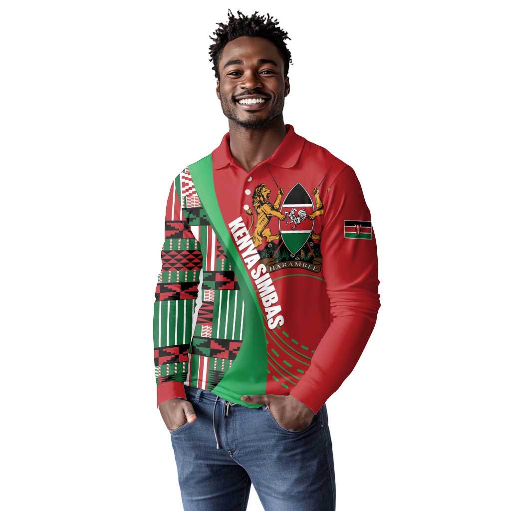 Custom Kenya Cricket Long Sleeve Polo Shirt Simbas African Kente - African Pride