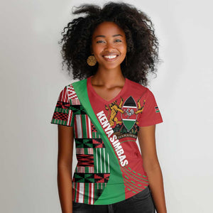 Custom Kenya Cricket Women V-Neck T-Shirt Simbas African Kente - African Pride