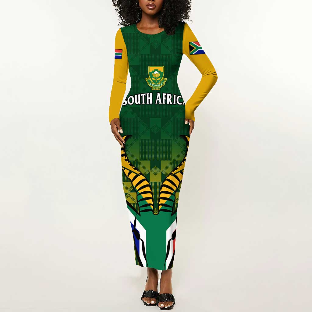 Custom South Africa Rugby Long Sleeve Bodycon Dress Go Springboks Kente With Bokke LT14